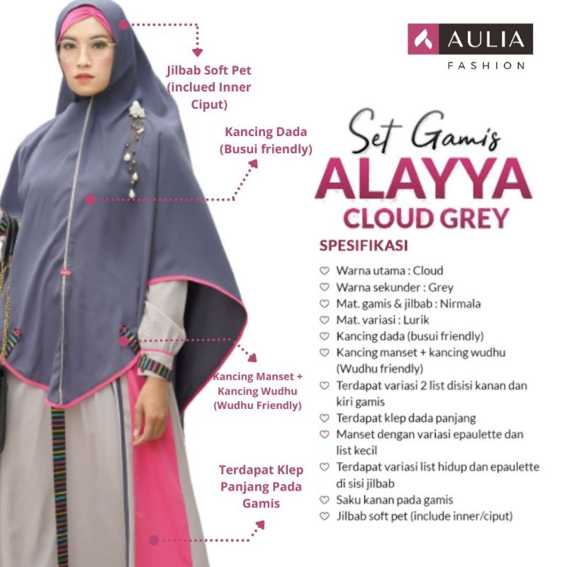 AULIA FASHION Set Gamis ALAYYA CLOUD GREY New Busana Muslim Branded Original Premium Nirmala Terbaru