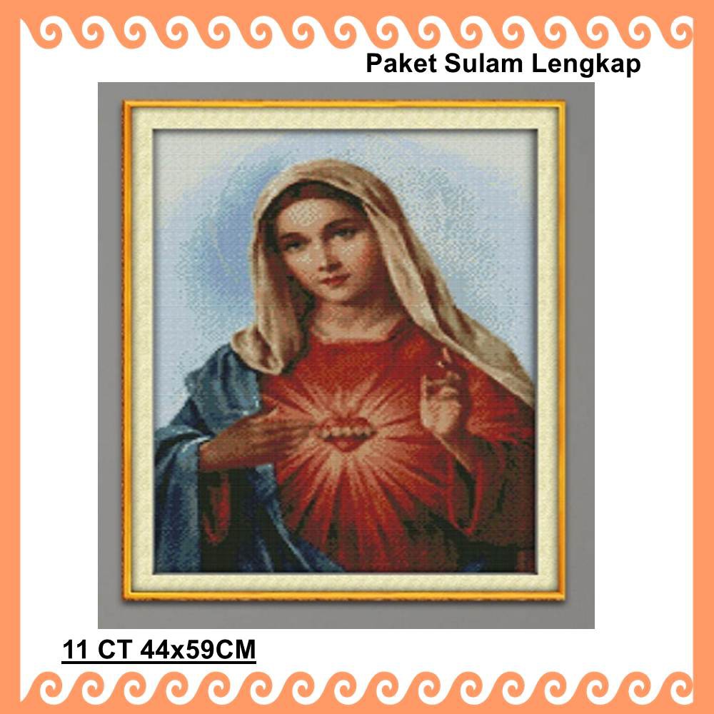 PAKET SULAM KRISTIK  CROSS STITCH . POLA DI KAIN DAN  POLA KERTAS MOTIF &quot; SACRED HEART TWO&quot;