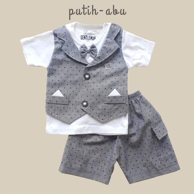 Baju Setelan Pesta Anak Bayi Cowok Laki Rompi Katun Bintik Dasi Kupu - putih-abu