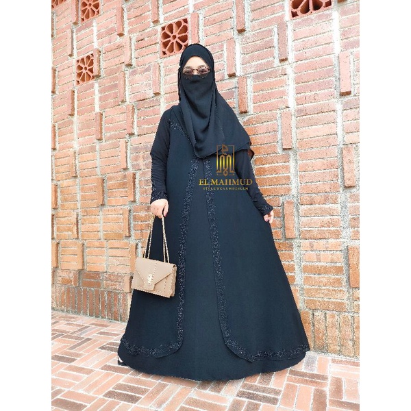El mahmud❤ ABAYA AMEERA MANIK HITAM KOMBINASI SIFON SILKY MOTIF DAUN GAMIS JETBLACK HITAM TURKEY BAS