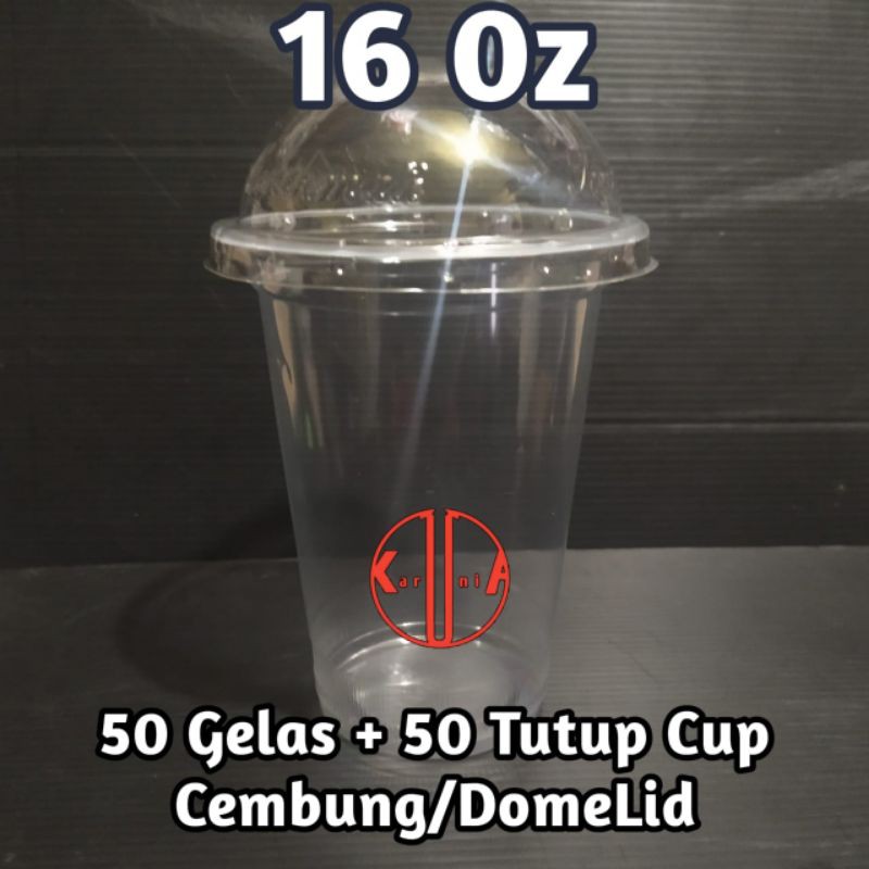 (50pcs)Gelas Cup Plastik 16 Oz + (50pcs) Tutup Cembung/Dome