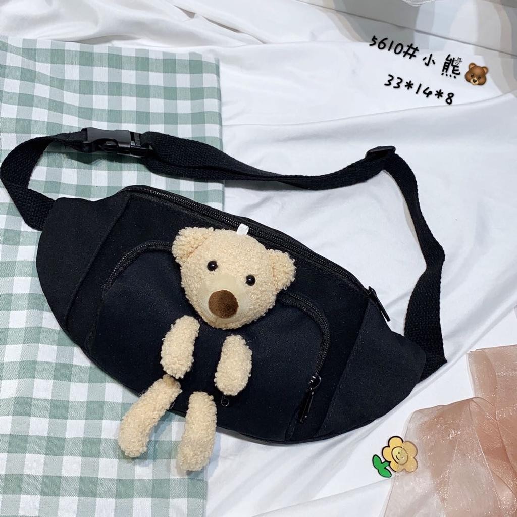 TAS PINGGANG WAIST BAG SELEMPANG KANVAS EXTRA KANTONG DEPAN BONEKA BERUANG BEAR LUCU Ta5610 ko ko