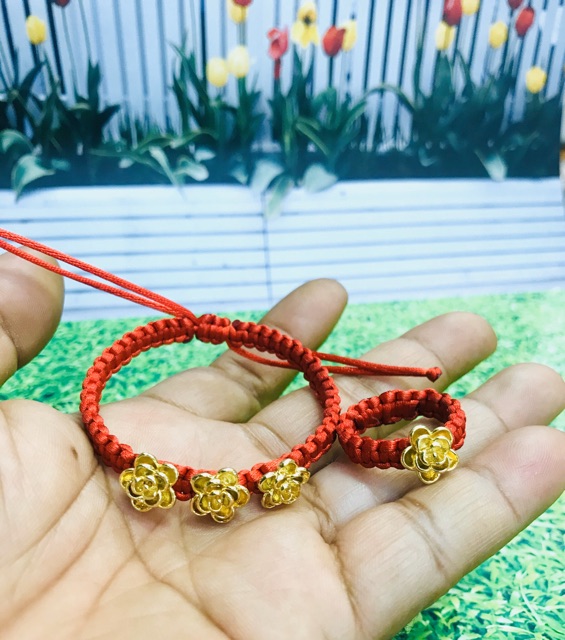 Satu set gelang dan cincin wanita / gelang rajut bunga lapis emas / replika emas / gelang