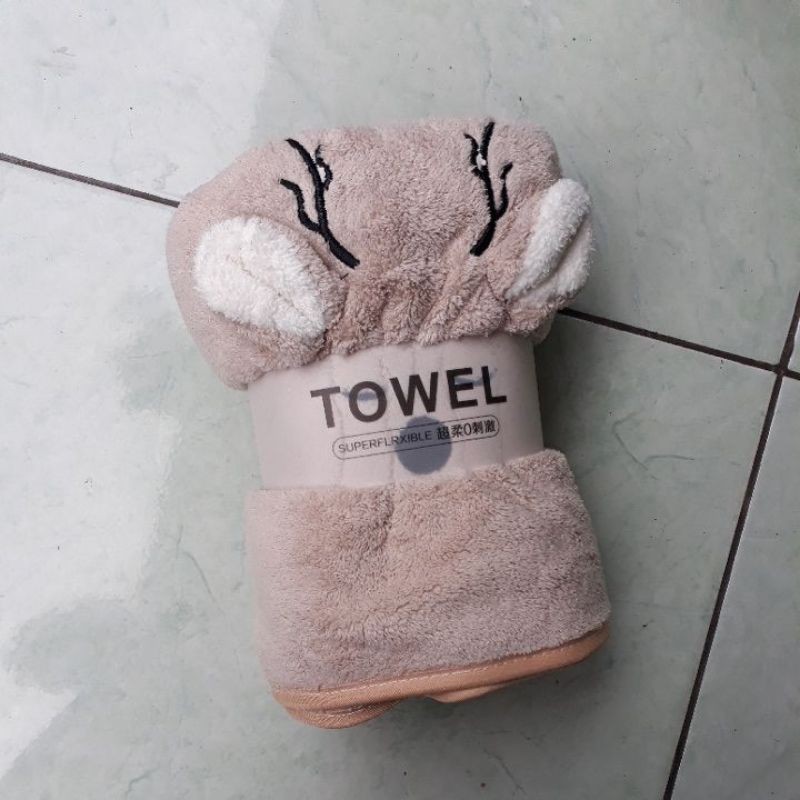 Handuk Bayi Microfiber Sarang Lebah Super Lembut Karakter Bordir Anak 60x120 Baby Towel-Mocha