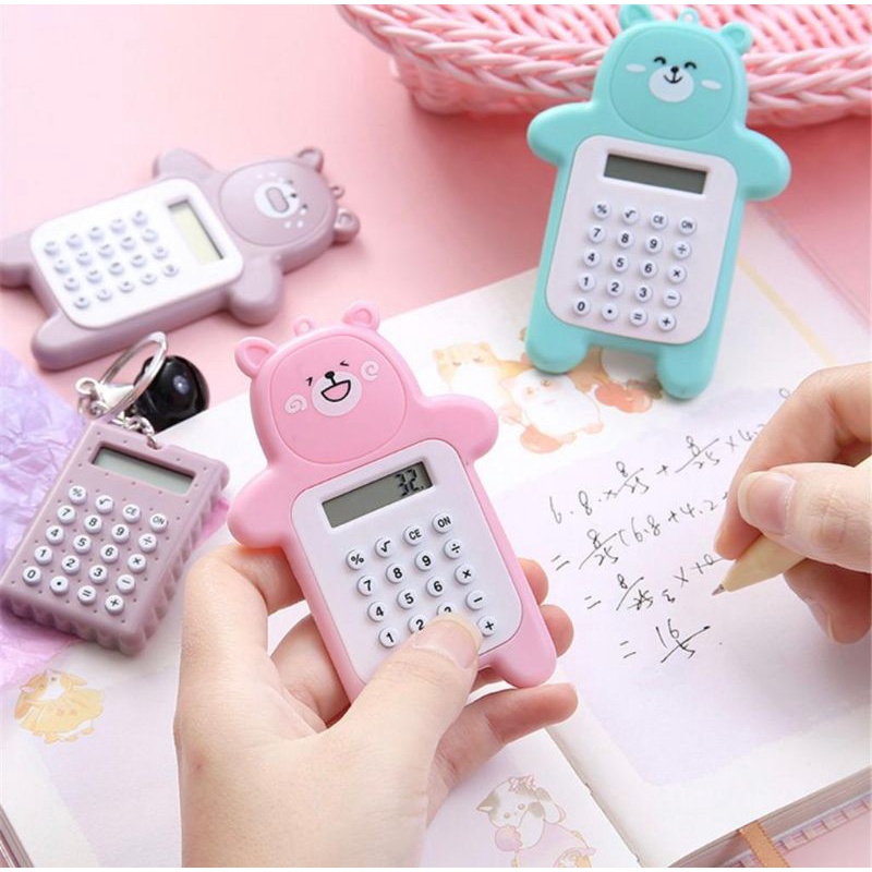 Kalkulator 8 Digit Mini Portable/Motif Beruang Tombol Karet/Sekolah/Stationary Import