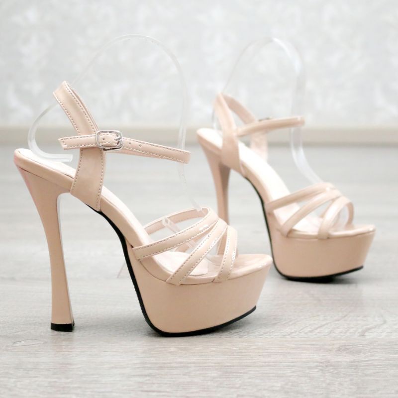 YKshoes 1598 strappy heels 15cm shoes import black cream sepatu hak tali tinggi stiletto glossy-Cream