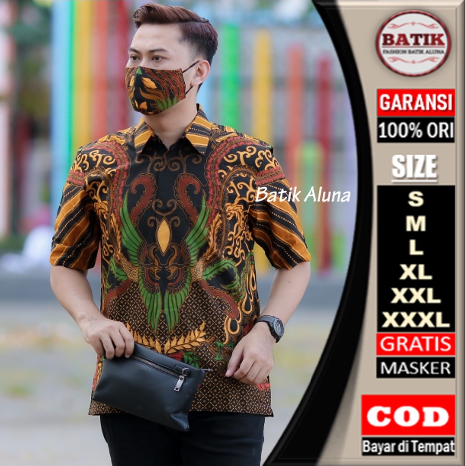 Batik Pria Lengan Pendek Premium Modern Reguler Baju Kemeja Atasan Batik Seragam Pria Laki Laki Cowok Full Furing Koko Kombinasi Lengan Pendek Slim Fit full Puring Kekinian BATIK ALUNA S M L XL XXL XXXL