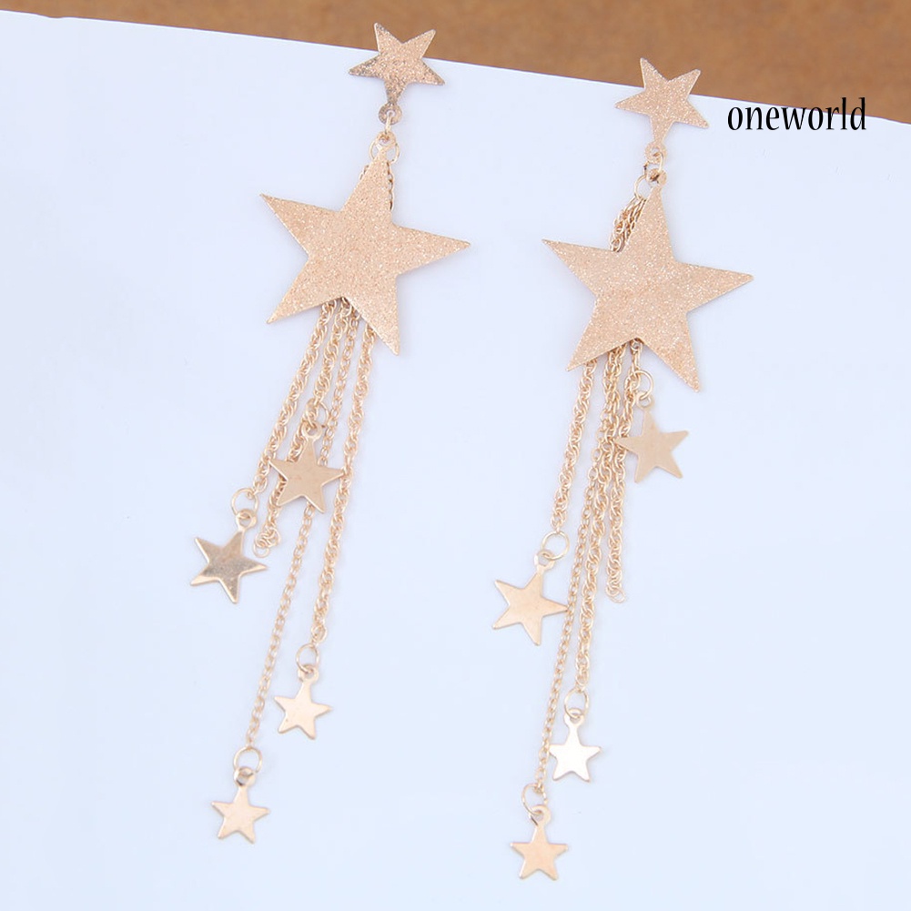 OW@ Women Five-Pointed Star Long Tassel Dangle Stud Earrings Piercing Jewelry Gift