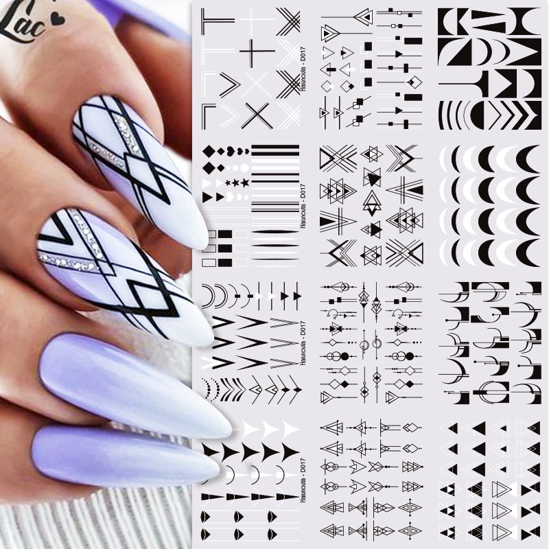 12pcs / Set Stiker Kuku Motif Geometri / Bunga / Daun / Cat Air Untuk Nail Art / Manicure Diy