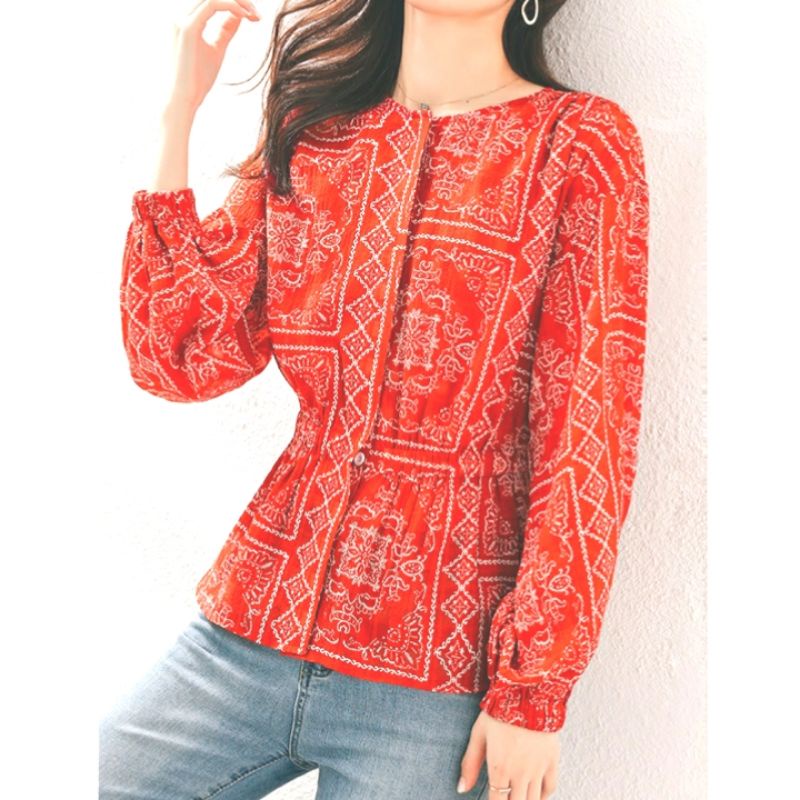 MDLV ~ 0859 CNY Blessings Hidden Button Top Women Blouse Premium Kemeja Etnik Blouse Etnik Blouse lengan Balon Panjang Blouse Korea terbaru Best seller Fashion Import