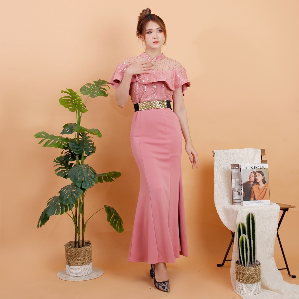 # 4795 , LONG DRES DUYUNG BAHAN SCUBA POLOS KOMBINASI TILE SUGAR CANDY FREE BELT