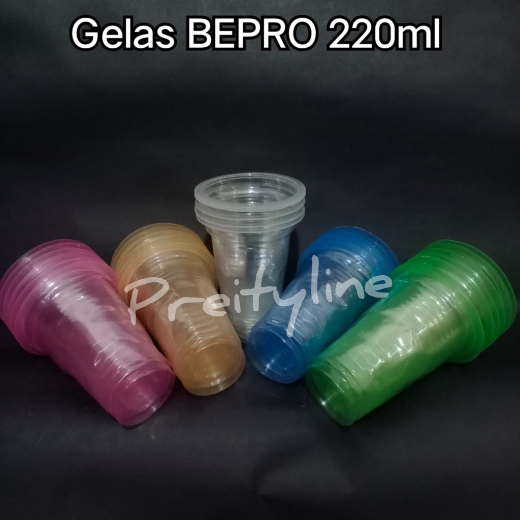 Gelas Plastik BEPRO 220ml BENING dan WARNA @50pcs