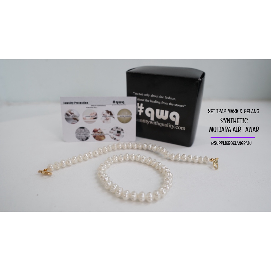 1 set STRAP MASK dan GELANG Mutiara Sintetis BULAT ULIR 8MM WHITEPEARL