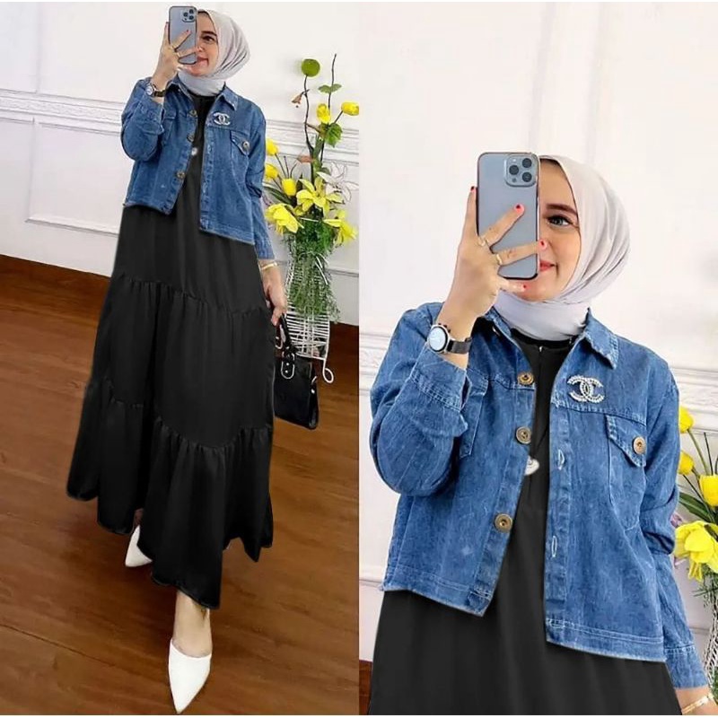 Gamis set jeans 2 in 1 bahan jaket tebal fit L dress rayon