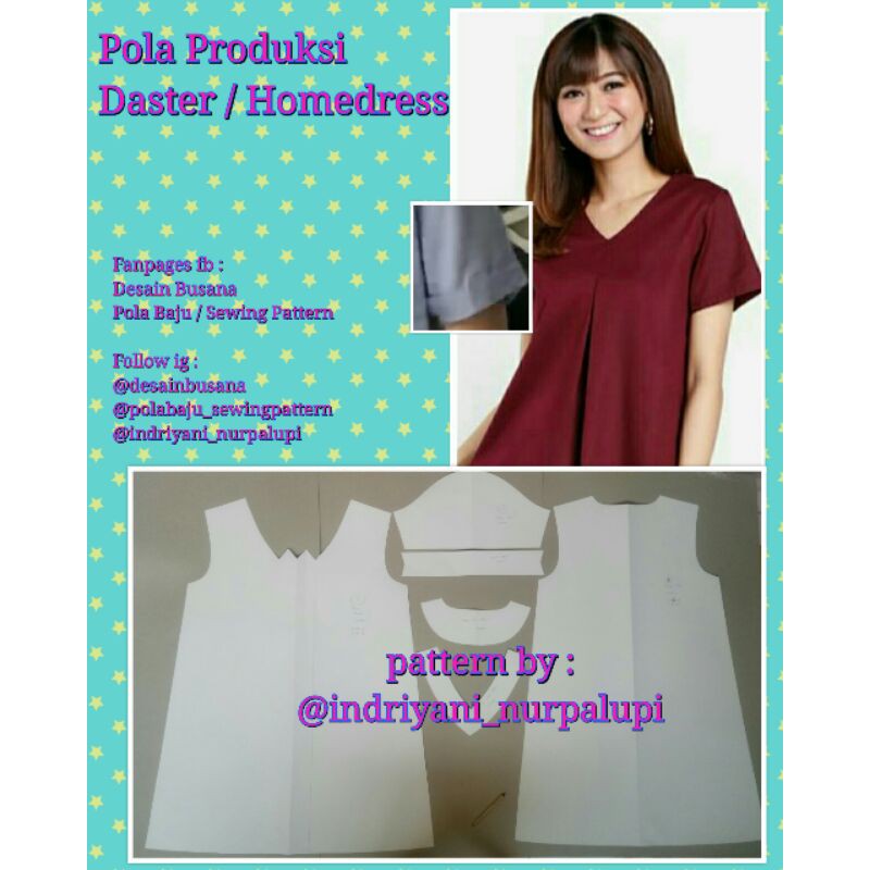 POLA DASTER HOMEDRESS model depan lipit hadap - Pola baju - Pola Produksi - Pola Instan