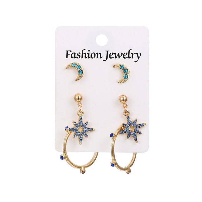 LRC Anting Tusuk Fashion Gold 3 Pairs Of Rhinestone-studded Geometric C-shaped Earrings D32562