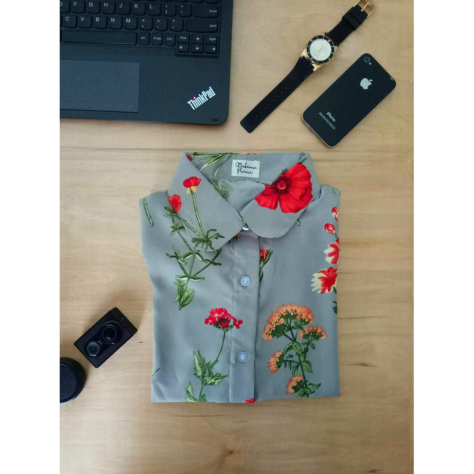 Kemeja Wanita / Motif Bunga / Flower (Grey) J8324