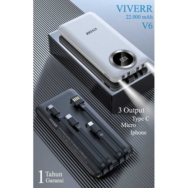 Powerbank VIVERR V6 Kapasitas 22.000 mAh Fast charging Original Garansi 1 tahun.