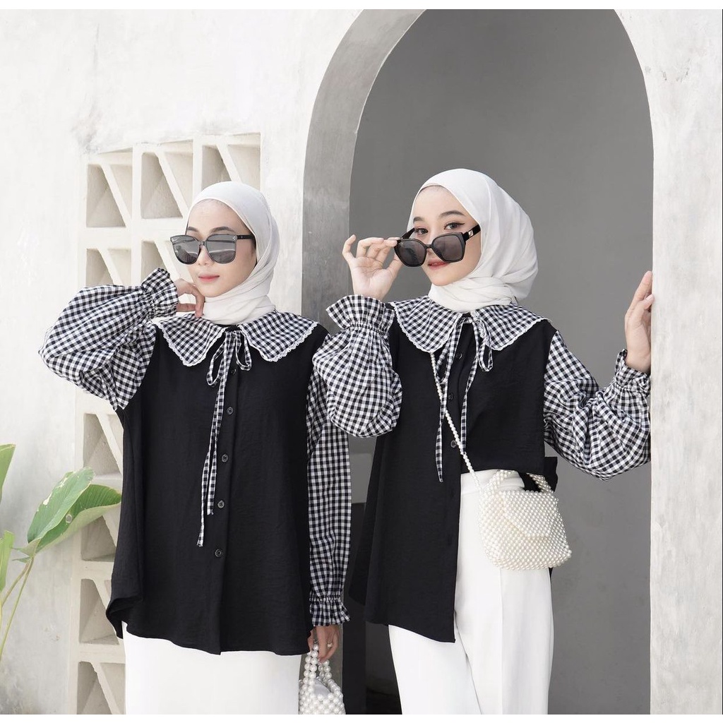 1KG MUAT 5PCS | MADANIA BLOUSE RENDA TARTAN ZARIFA BLACK GINGHAM HITS KOREAN STYLE OOTD SELEBGRAM FASHION GROSIR MURAH WANITA