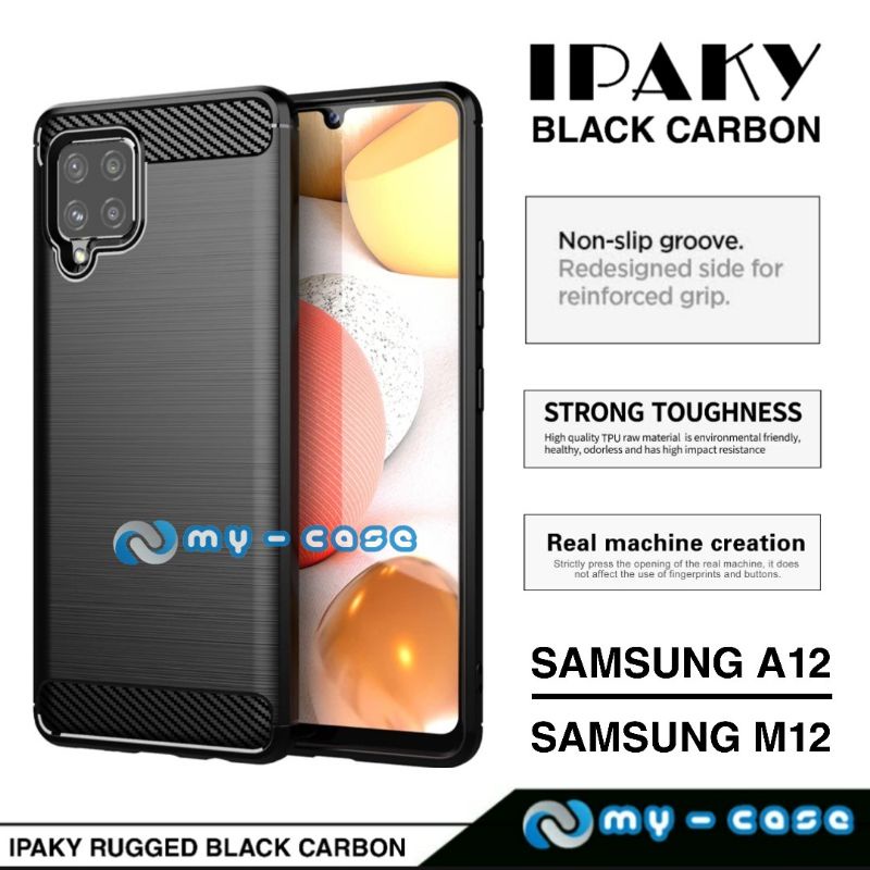 Soft Case Samsung A12 M12  Case Rugged Ipaky Black Carbon
