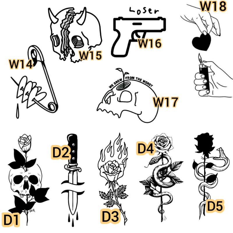 Tato Temporer Love Pistol Ular Bunga Tengkorak Pedang Tatto Aesthetic - W &amp; D