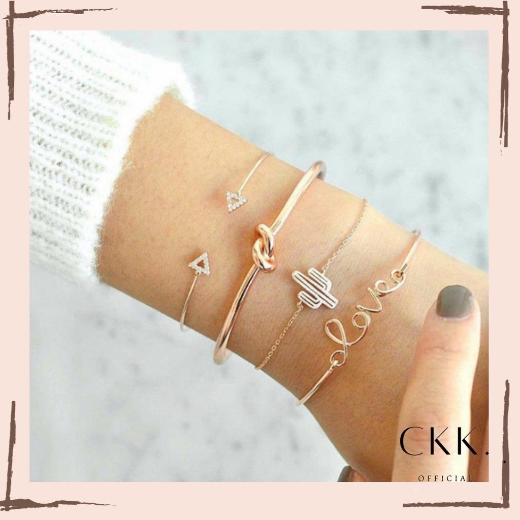 ➰CKK➰ 4 Pcs Set Gelang Wanita K12 Segitiga Simpul Cinta Surat Kaktus / 4Pcs Gelang Fashion Wanita