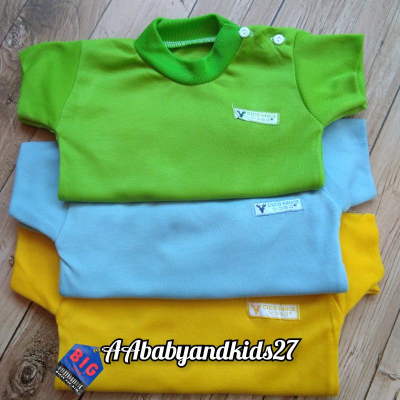 DAPAT 3PC!!! Cico Miko Kaos Oblong Bayi Lengan Pendek Kancing Bahu Polos Ukuran S M L XL SNI