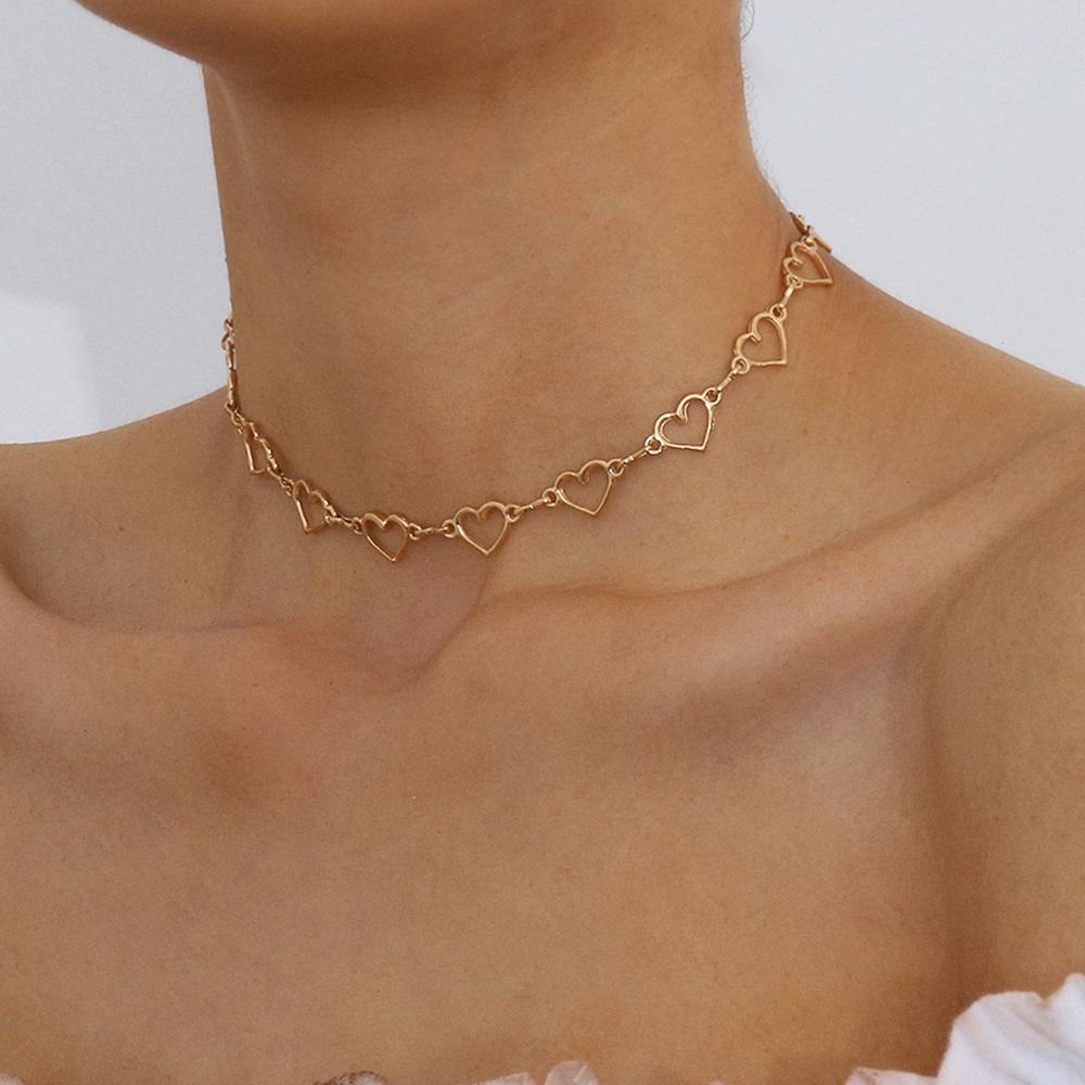 Kalung Bentuk Hati Geometris Warna Emas Perak Bahan Alloy Gaya Korea