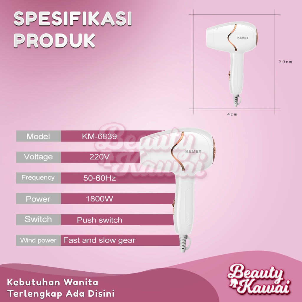 Hair Dryer Rambut Wanita Kemei KM-6839 Hair Care 1800 W