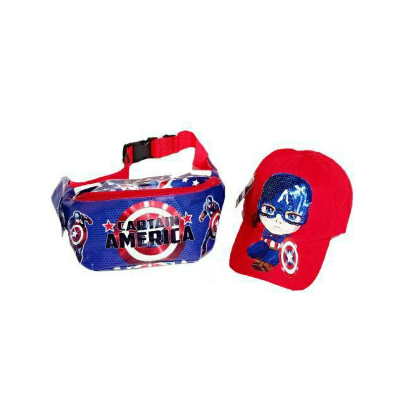 paket tas selempang dan topi LED bisa nyala motif captain america topi anak topi anak waistbag anak laki laki