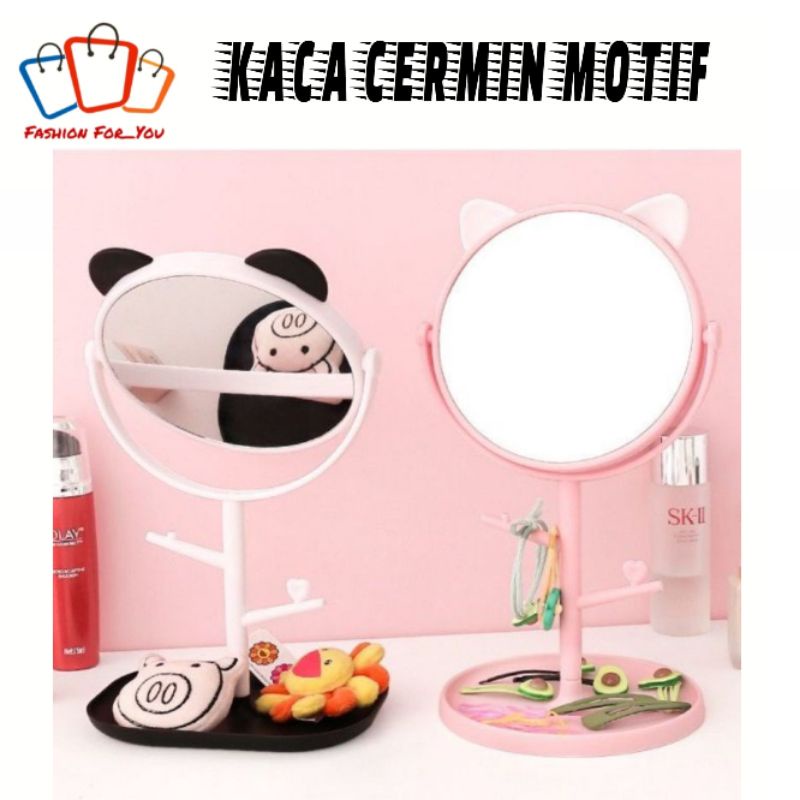 Kaca Make Up Bulat / Cermin Motif Telinga Panda , Kucing / Standing Mirror