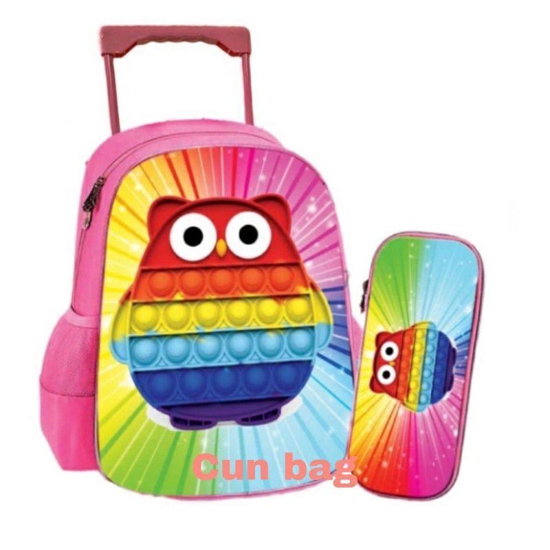 Tas Troli POP IT Print/ Tas Ransel Troly Anak Perempuan/Tas Dorong Anak Sekolah TK-SD