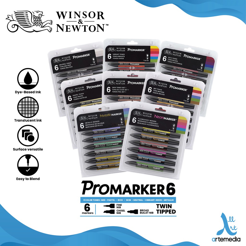 

Winsor & Newton Promarker Set 6 Dual Point Marker Alcohol Base Sekelas Copic