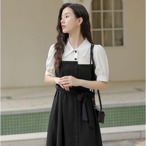 [littlecrab] Dress Oversize Kasual Fake 2 Set Fake Collar Berkualitas Dress Kemeja Berkerah Hitam Putih Dress Panjang Lengan Pendek Simple Elegan High Quality Dress Korean Style