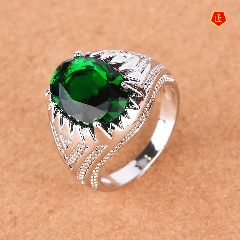 [Ready Stock][Ready Stock]Green Gemstone Ring Retro Silver Fashion Personality