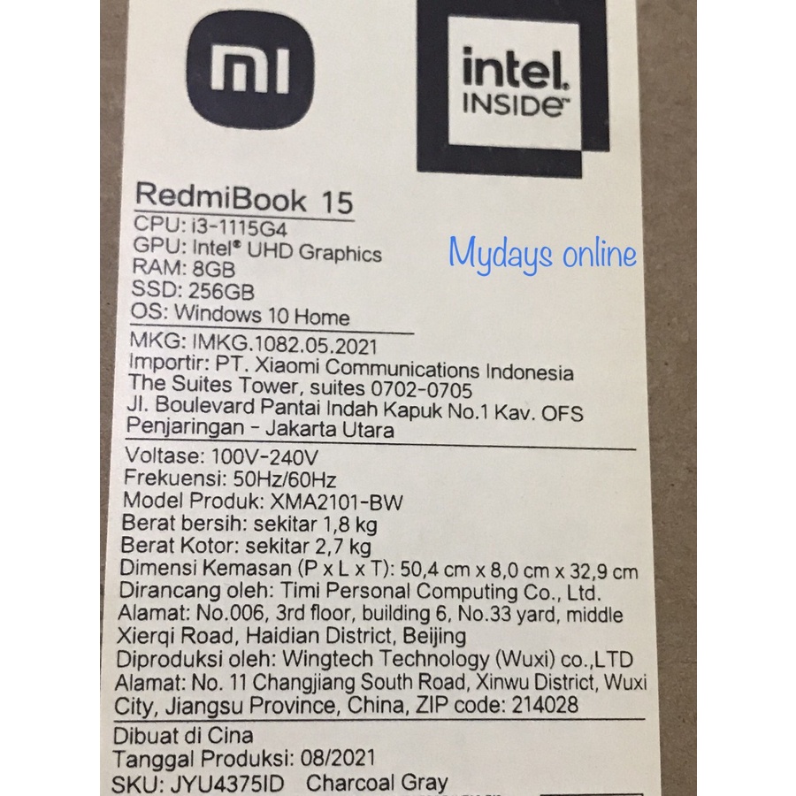 Laptop Xiaomi Redmibook Redmi book 15 Core i3-1115G 8GB ROM 256GB / 512GB FHD INTEL W10