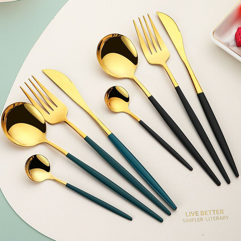 ( 1pcs ) Sendok makan gold / sendok makan emas / garpu gold / garpu makan korea / Set Alat Makan Korea Stainless Steel Tebal - Alat Set Makan Sendok Korea Cantik Mewah Stainless Garpu Sumpit Sendok Anti Karat /sendok sultan / sendok garpu Korea warna