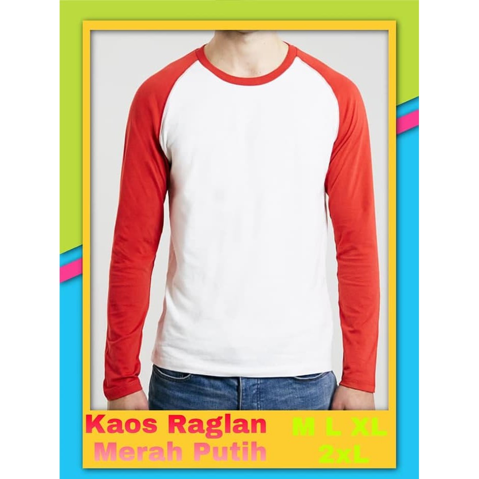  Baju  Kaos Polos Raglan  Putih Kombinasi Merah Panjang 