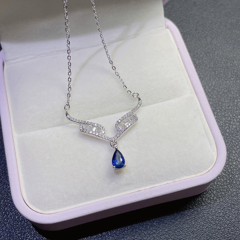 Kalung Dengan Liontin Bentuk Tetesan Air Bahan Cubic Zirconia Warna Biru Untuk Wanita