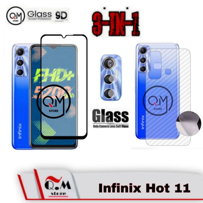 Tempered Glass Full 9D INFINIX HOT 11 Paket 3 IN 1Screen Guard Anti Gores Pelindung Layar Full 9D