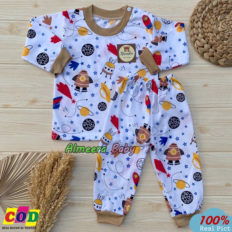 Setelan Baju Bayi Setelan Piyama Bayi Lengan Panjang Kancing Bahu Motif Rocket Usia 3-12 Bulan Almeera Baby And Kids