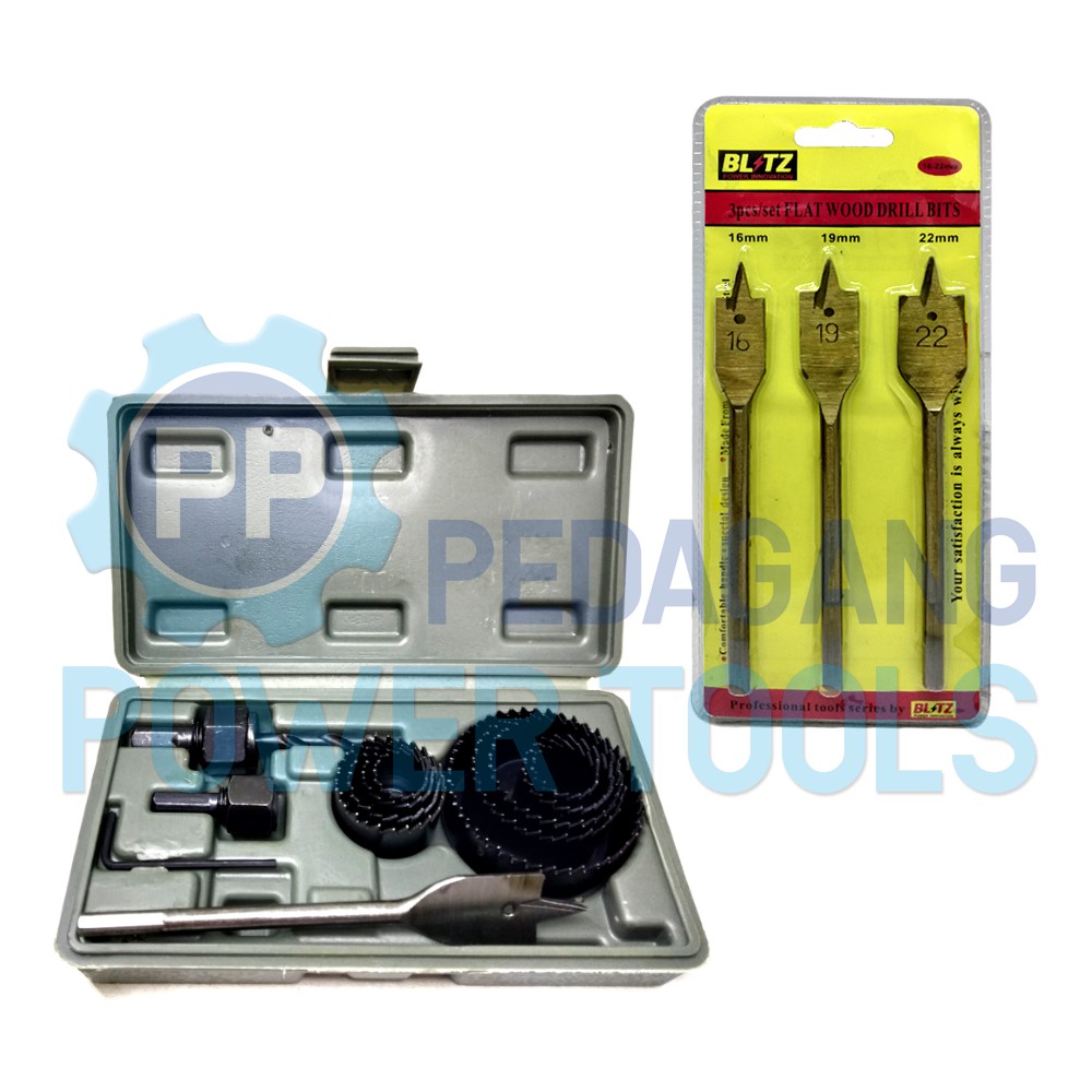 PAKET HOLE SAW SET 13 PCS HOLESAW + BLITZ MATA BOR KAYU KIPAS 3 PCS