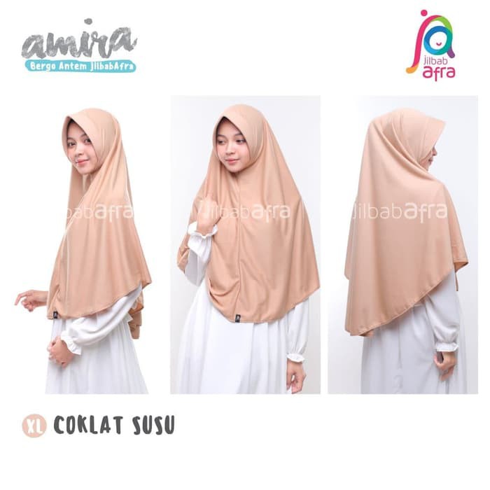 Jilbab Amira AFRA Bergo Pet Antem Hijab Dewasa Instan Bahan Kaos Adem-Coklat Susu