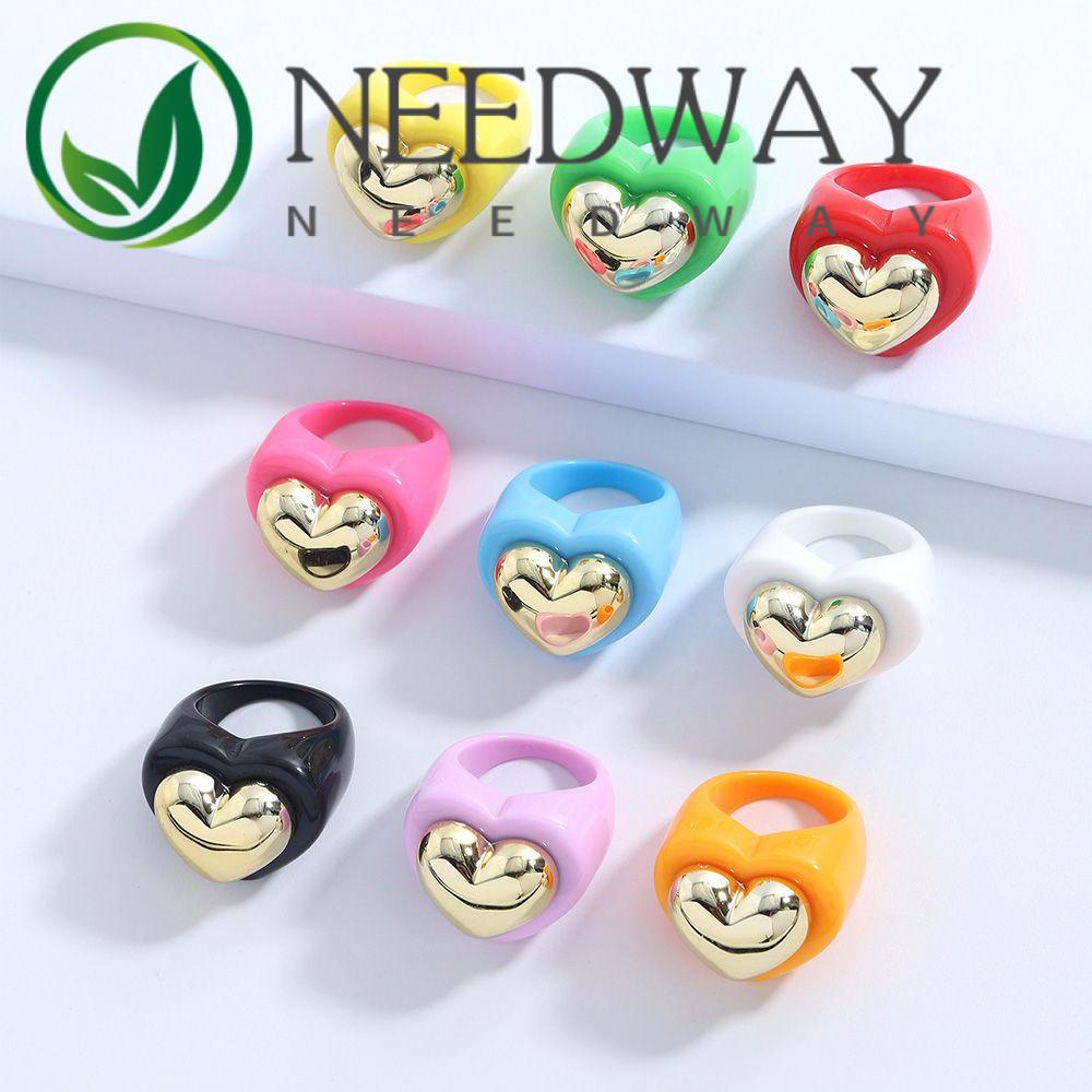 Needway  Women Girls Acrylic Finger Ring Korean Thumb Ring Resin Rings Cute Lovely Metal Heart Chunky Sweet Heart Shaped Gifts Fashion Jewelry/Multicolor