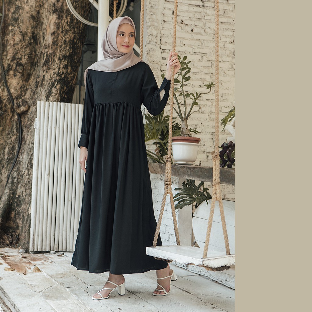 Basic Dress  by Aska Label - Gamis panjang hitam bermanset busui dan bumil friendly warna hitam, putih, hijau sage, abu muda, pink muda