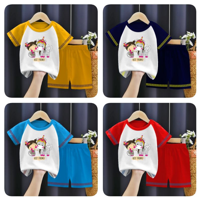 SETELAN ANAK MURAH 1SET KAOS ANAK LUCU GAMBAR KUDA PONI BEST FRIEND TERBARU WARNA PUTIH