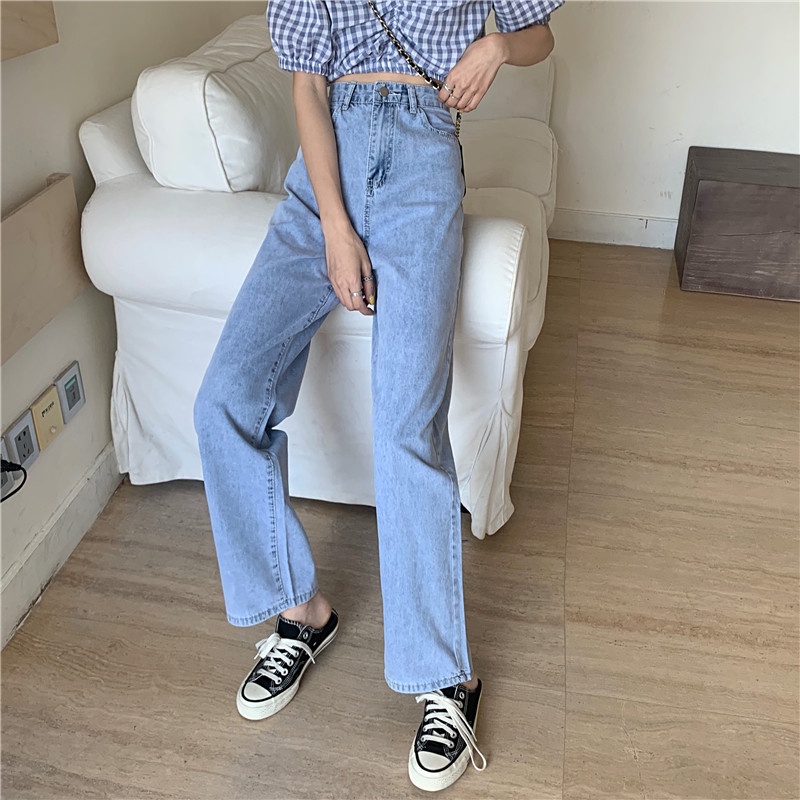 Jeans Wanita Loose High Waist Celana jins Korean Style Straight Pants