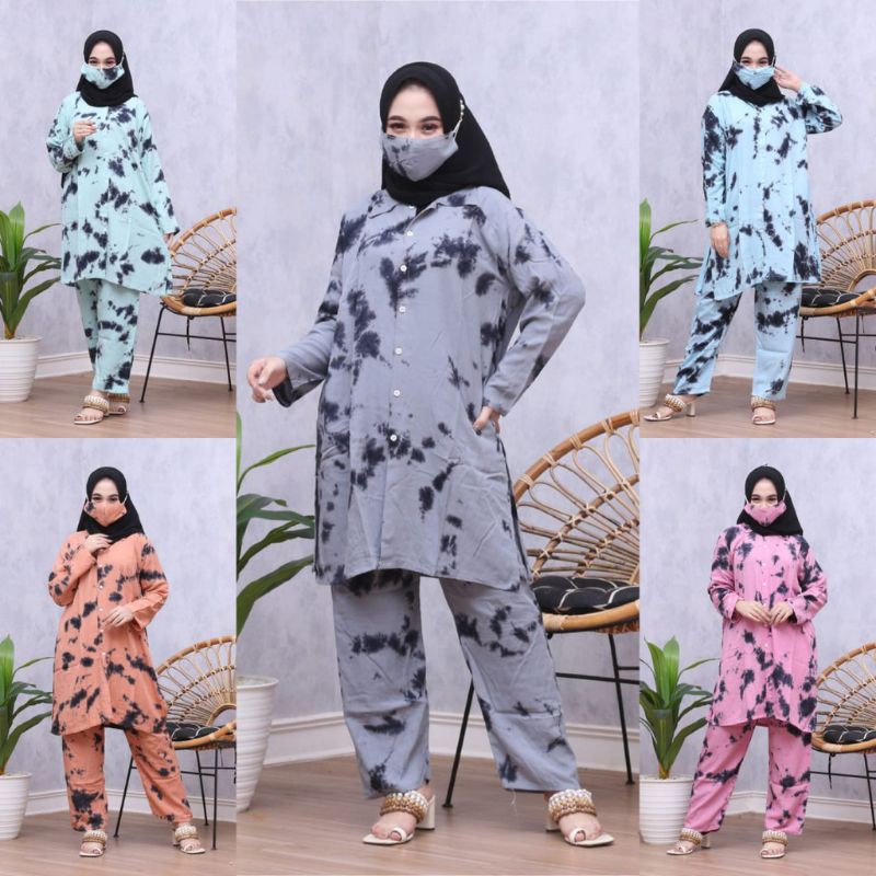[READYSTOCK] ONE SET TUNIK RAYON PREMIUM TIE DYE ONE SET LENGAN PANJANG | PIYAMA ONE SET TUNIK RAYON