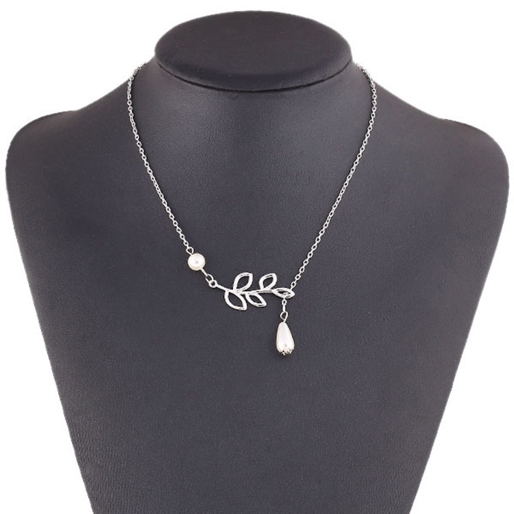 New Lady's Chic Simple Leaves Pearl Statement Choker Silver Chain Necklace Gift