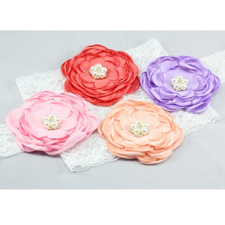 Bandana bayi / headband bayi motif bunga besarvtalibrenda dengan mutiara artificial